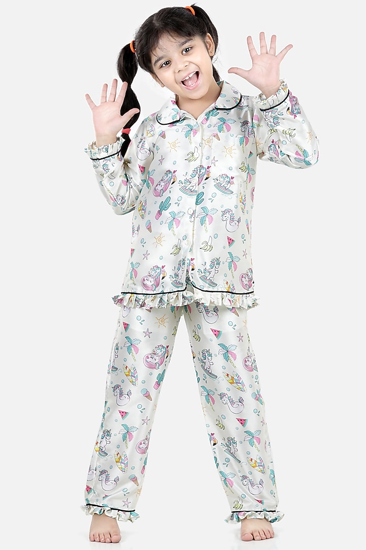 Off-White Printed Night Suit For Girls by Fairies Forever