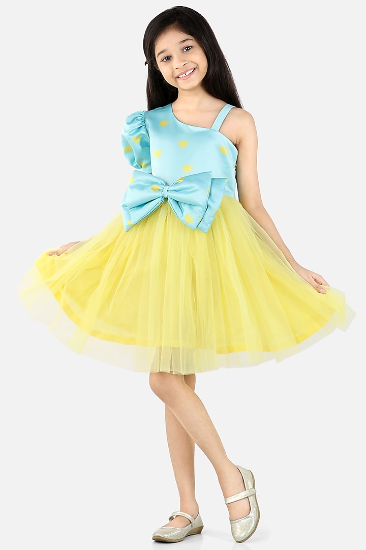 Sky Blue & Butter Yellow Printed Dress For Girls by Fairies Forever