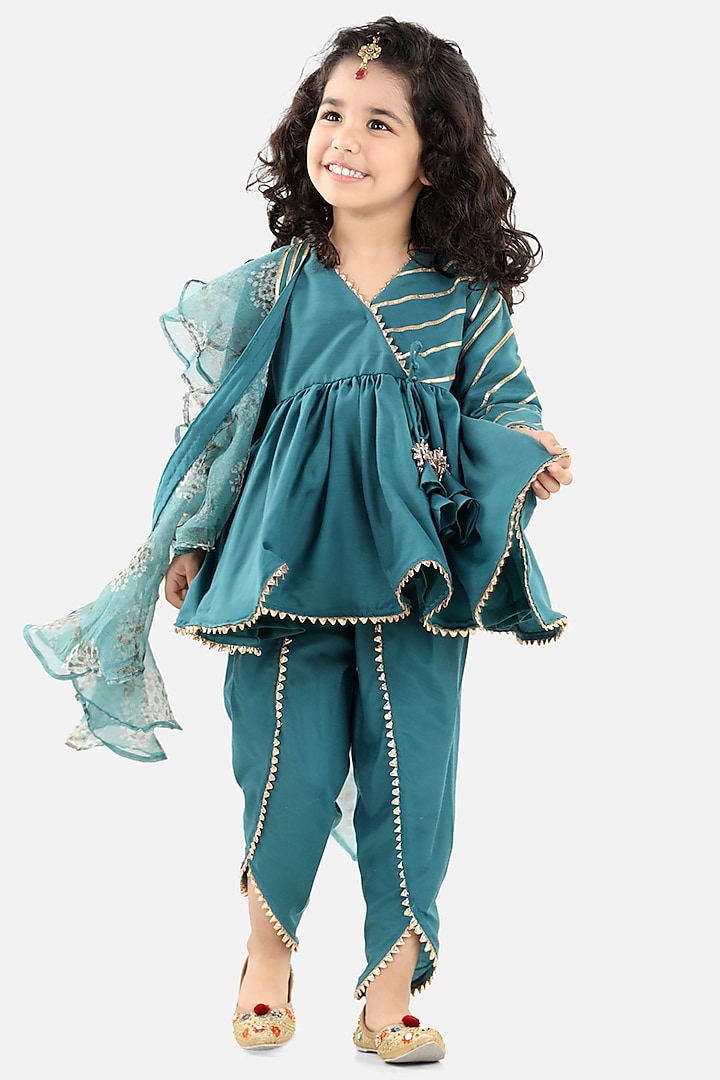 Teal Green Shantoon & Organza Dhoti Set For Girls by Fairies Forever