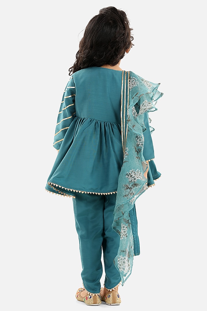 Teal Green Shantoon & Organza Dhoti Set For Girls by Fairies Forever at Pernia's Pop Up Shop