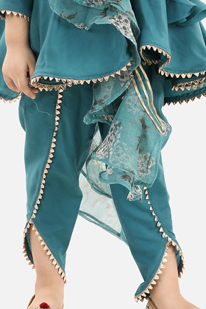Teal Green Shantoon & Organza Dhoti Set For Girls by Fairies Forever at Pernia's Pop Up Shop