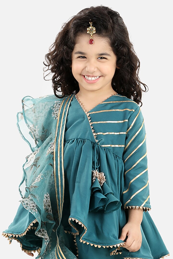 Teal Green Shantoon & Organza Dhoti Set For Girls by Fairies Forever at Pernia's Pop Up Shop