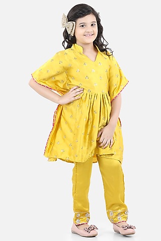 Mustard Satin Silk Kaftan Set For Girls by Fairies Forever