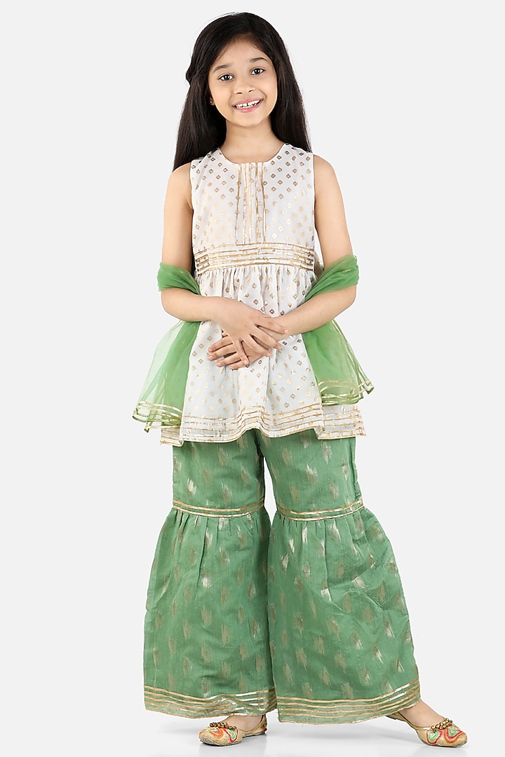Leaf Green Cotton Chanderi Sharara Set For Girls by Fairies Forever