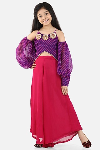 Fuchsia Georgette Palazzo Pant Set For Girls by Fairies Forever