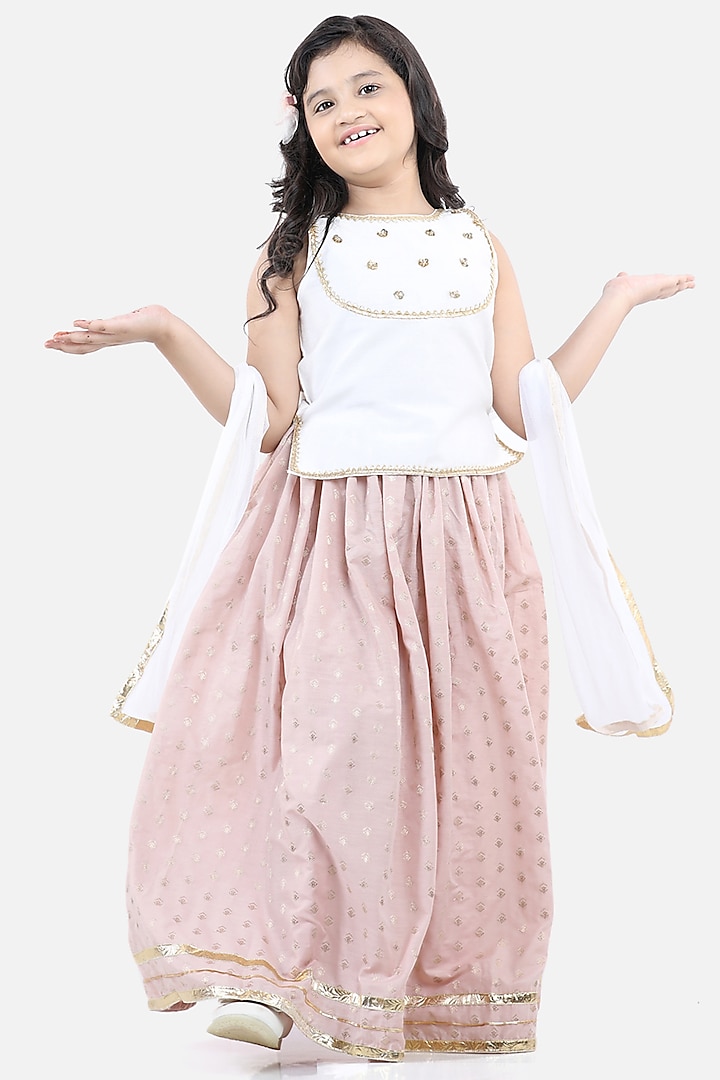 Onion Pink Chanderi Silk Skirt Set For Girls by Fairies Forever at Pernia's Pop Up Shop