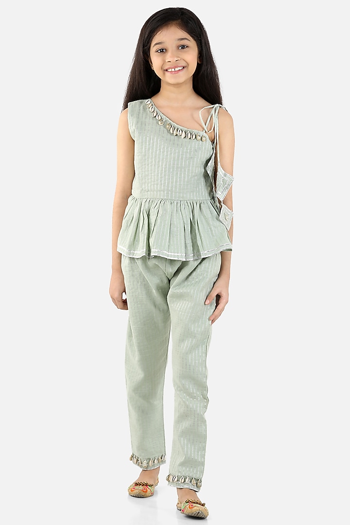 Sage Green Cotton Pant Set For Girls by Fairies Forever at Pernia's Pop Up Shop