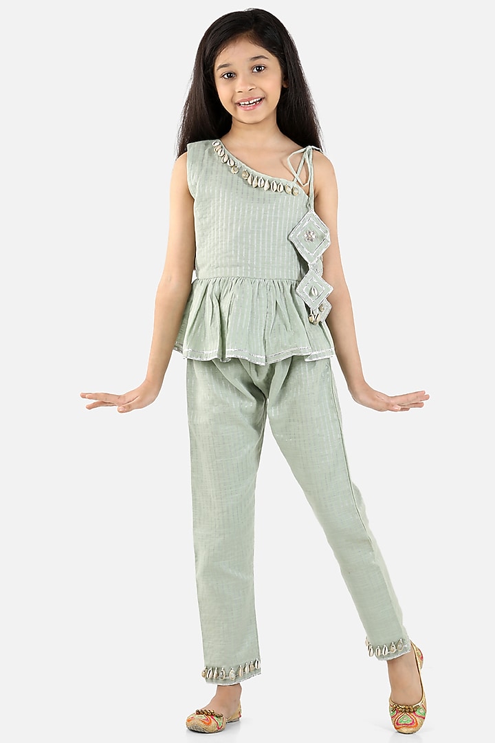 Sage Green Cotton Pant Set For Girls by Fairies Forever at Pernia's Pop Up Shop