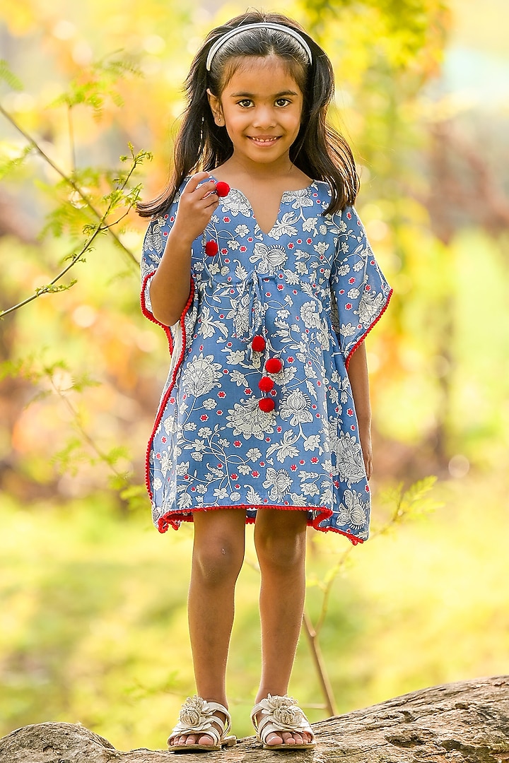 Blue Cotton Printed Kaftan For Girls by Fairies Forever