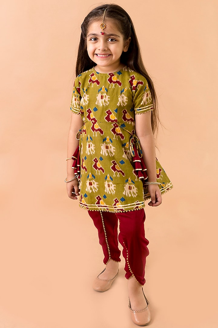 Green Printed Dhoti Set For Girls by Fairies Forever