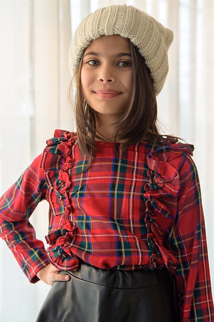 Red Checkered Printed Frilled Top For Girls by Fairies Forever at Pernia's Pop Up Shop