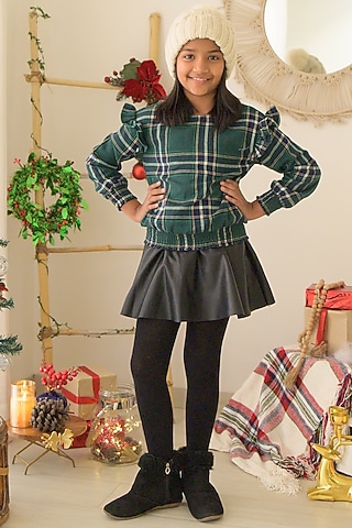 Green Cotton Checkered Printed Top For Girls by Fairies Forever