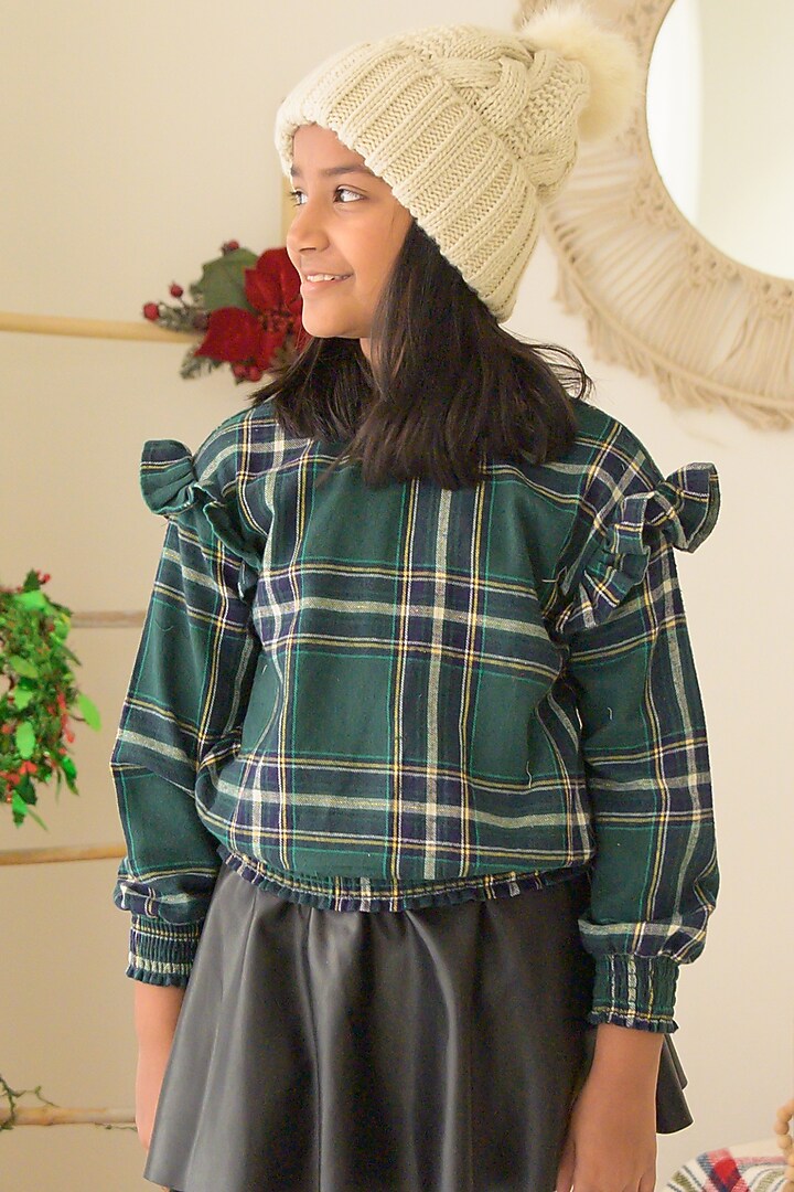 Green Cotton Checkered Printed Top For Girls by Fairies Forever at Pernia's Pop Up Shop