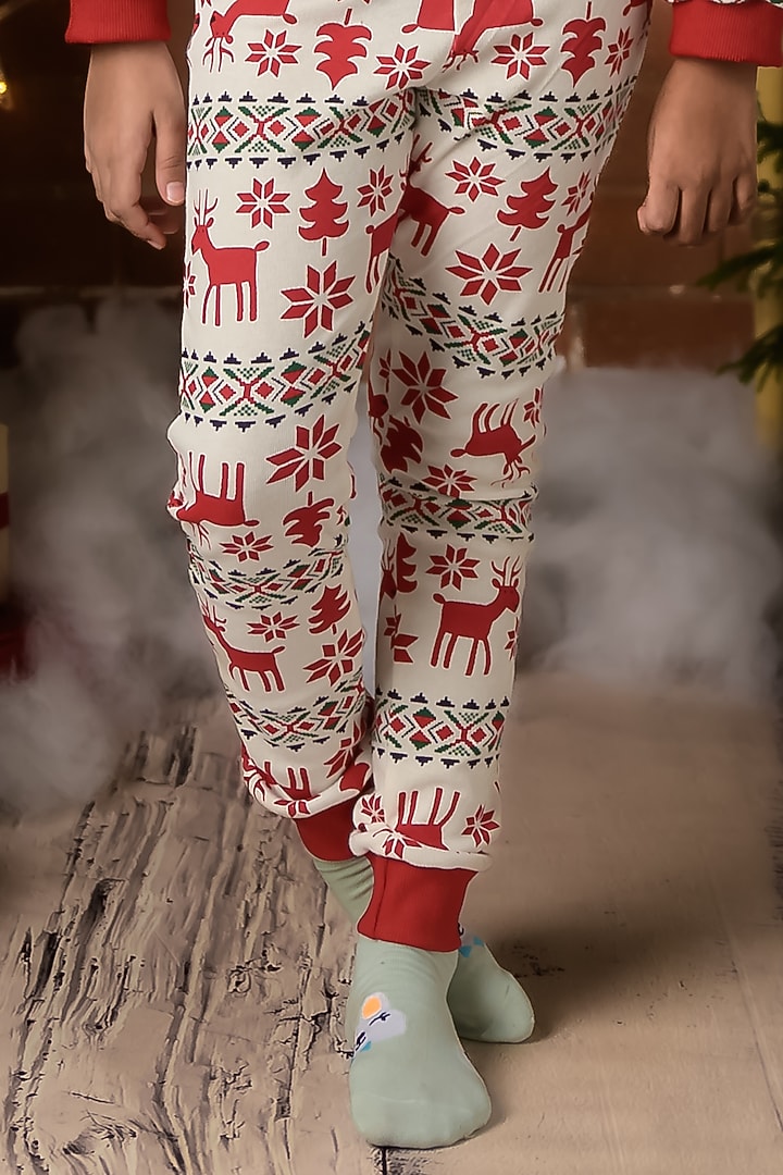 Red & White Cotton Printed Pant Set For Girls by Fairies Forever at Pernia's Pop Up Shop