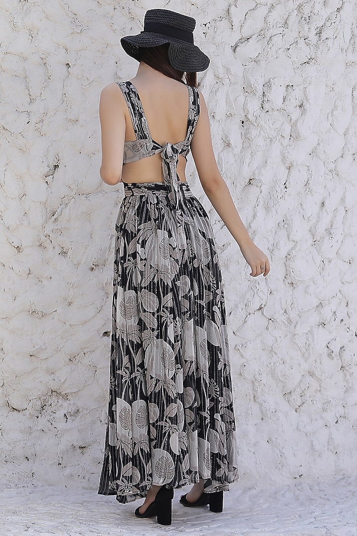 Black Lurex Georgette Palm Printed Maxi Vacation Dress by Fibre World at Pernia's Pop Up Shop