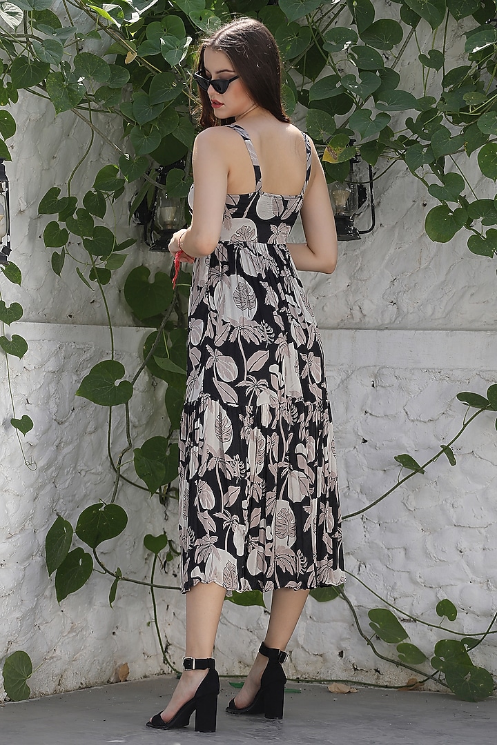 Black Chiffon Satin Palm Printed Midi Corset Vacation Dress by Fibre World at Pernia's Pop Up Shop