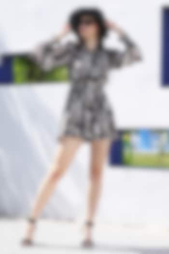 Black Lurex Georgette Palm Printed Mini Skater Dress by Fibre