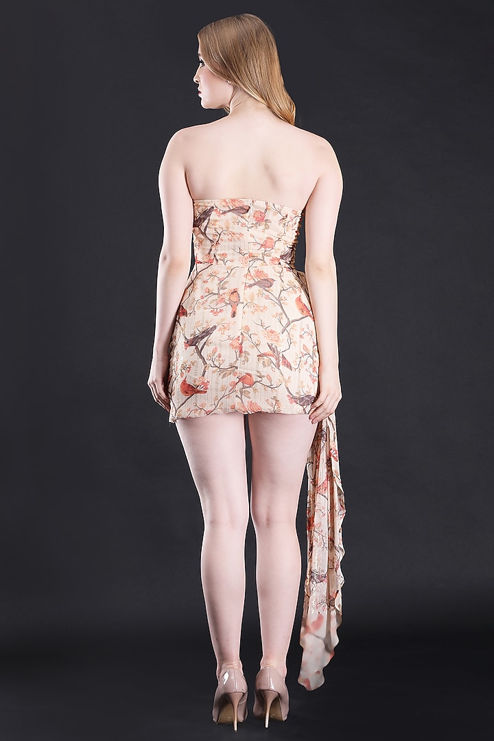 Beige Chiffon Printed Mini Corset Off-Shoulder Summer Dress by Fibre World at Pernia's Pop Up Shop