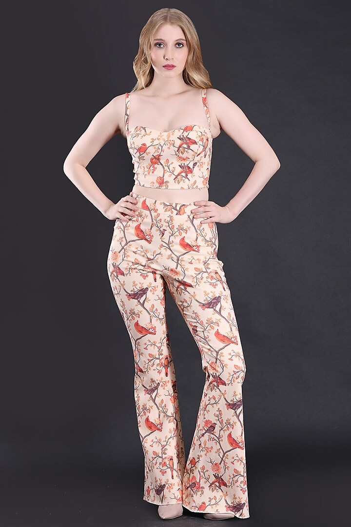 Beige Stretchable Spandex Twill Bird Printed Co-Ord Set by Fibre World