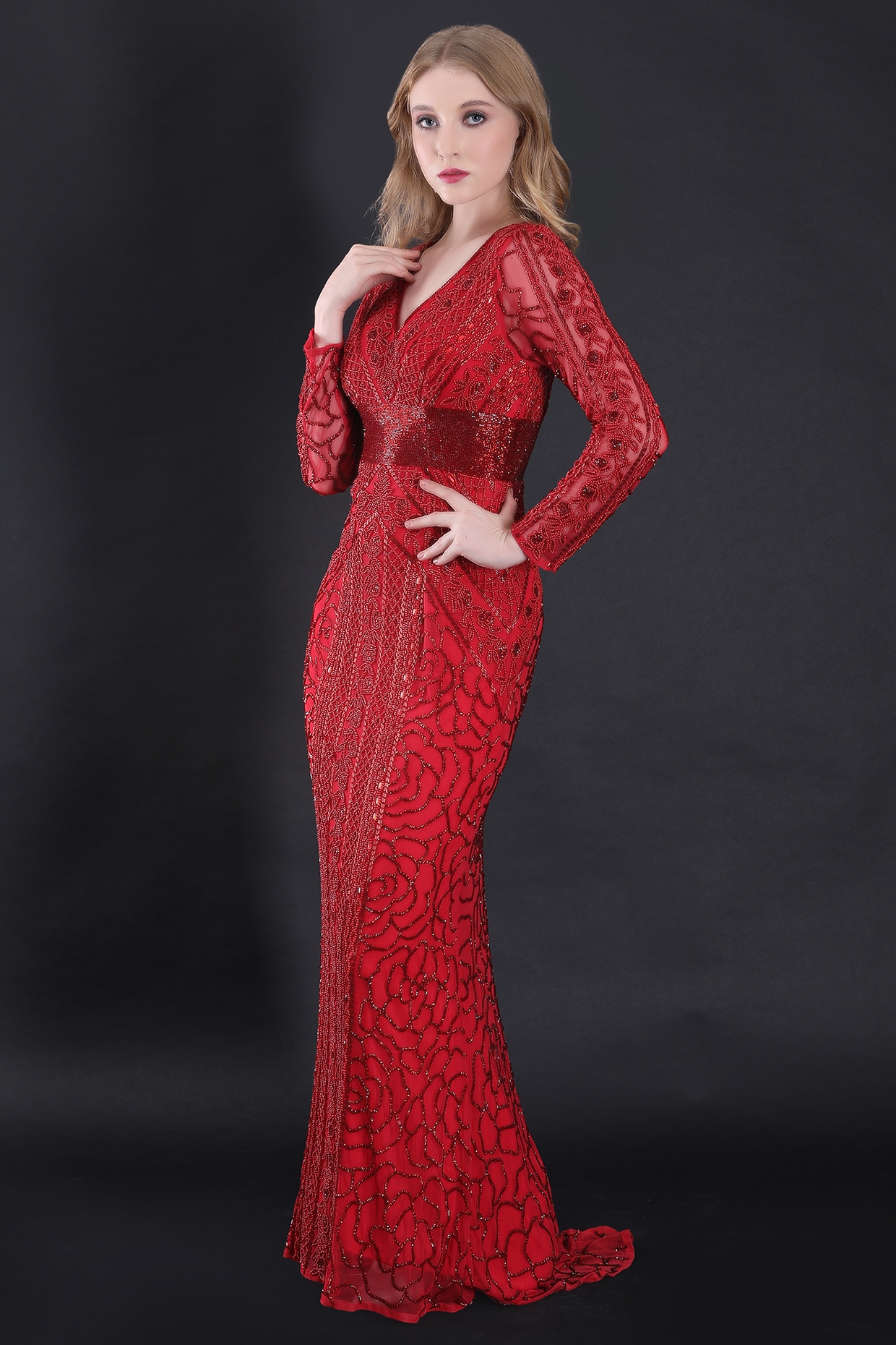 Red Net Viscose Cutdana Hand Embroidered Fish Cut Gown by Fibre World at Pernia s Pop Up Shop 2024