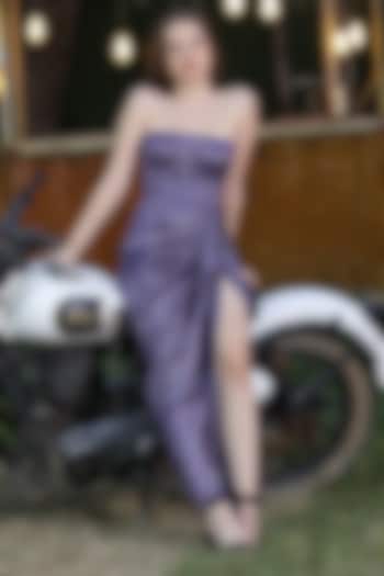 Lavender Metallic Satin Off-Shoulder Gown by Fibre World
