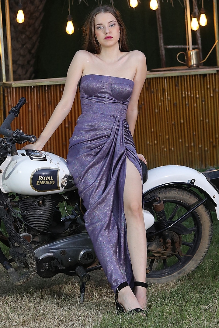Lavender Metallic Satin Off-Shoulder Gown by Fibre World