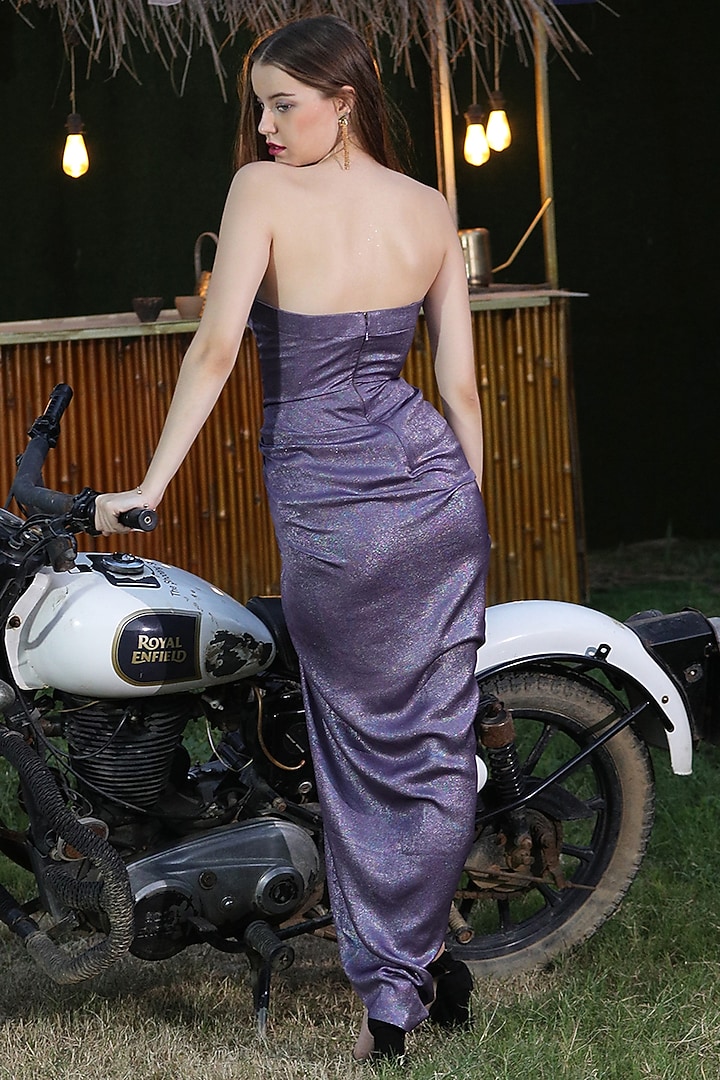 Lavender Metallic Satin Off-Shoulder Party Wear Gown by Fibre World at Pernia's Pop Up Shop