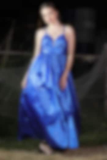 Electric Blue Metallic Organza Flared Gown by Fibre World