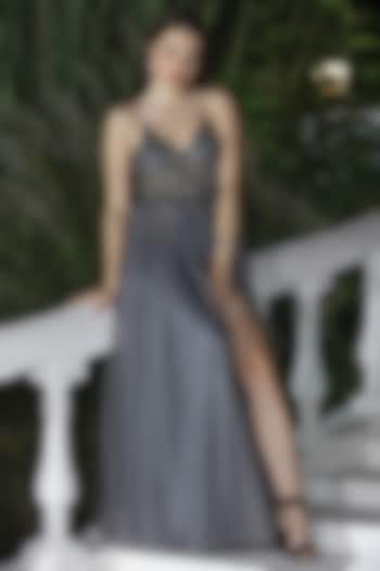 Grey Net Stone Embroidered Flared Gown by Fibre World