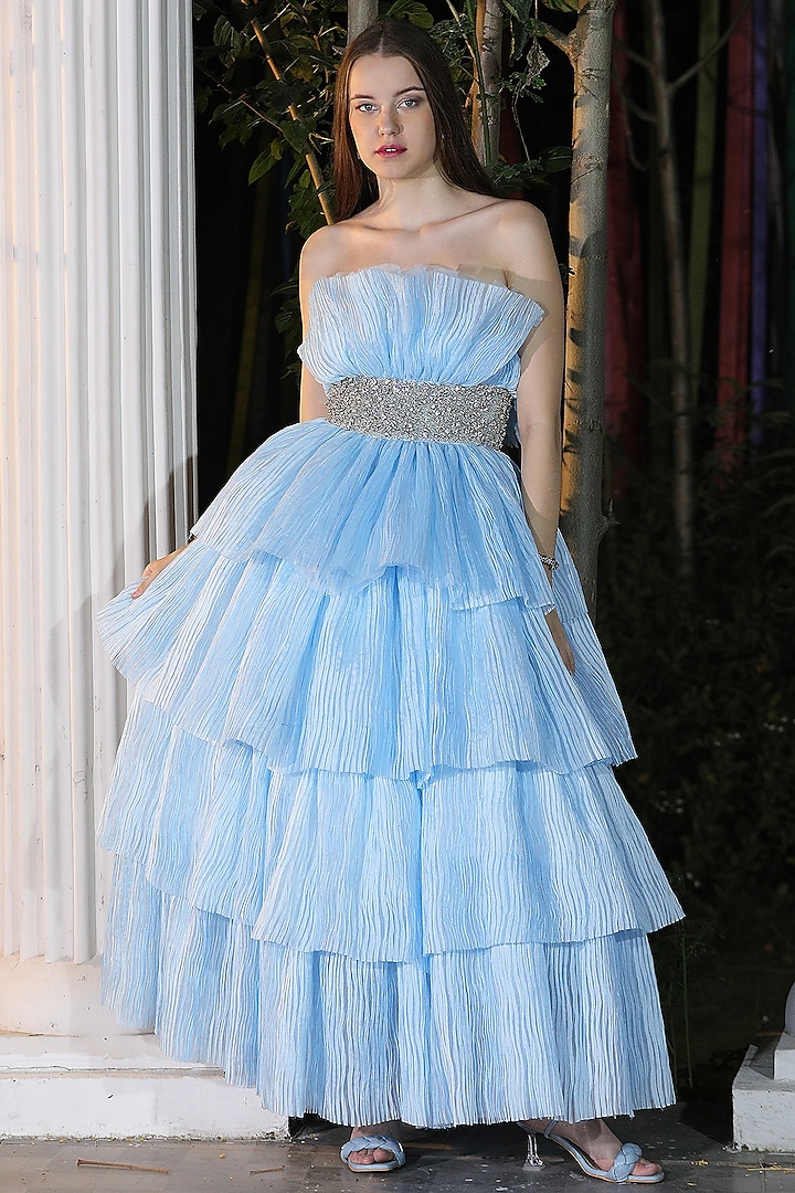 Sky Blue Textured Organza Beads Embroidered Off-Shoulder Flared Gown by Fibre World
