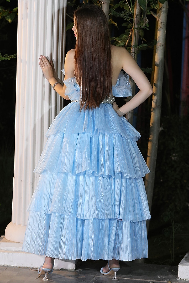 Sky Blue Textured Organza Beads Embroidered Off-Shoulder Flared Engagement Gown by Fibre World at Pernia's Pop Up Shop