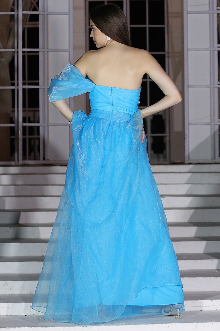 Turquoise Organza Stones Hand Embroidered One-Shoulder Flared Engagement Gown by Fibre World at Pernia's Pop Up Shop