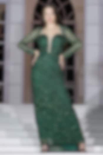 Emerald Green Net Sequins Hand Embroidered Fish-Cut Gown by Fibre World
