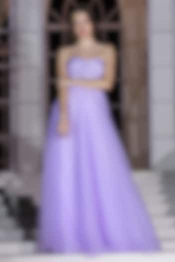 Lavender Net Off-Shoulder Flared Gown by Fibre World