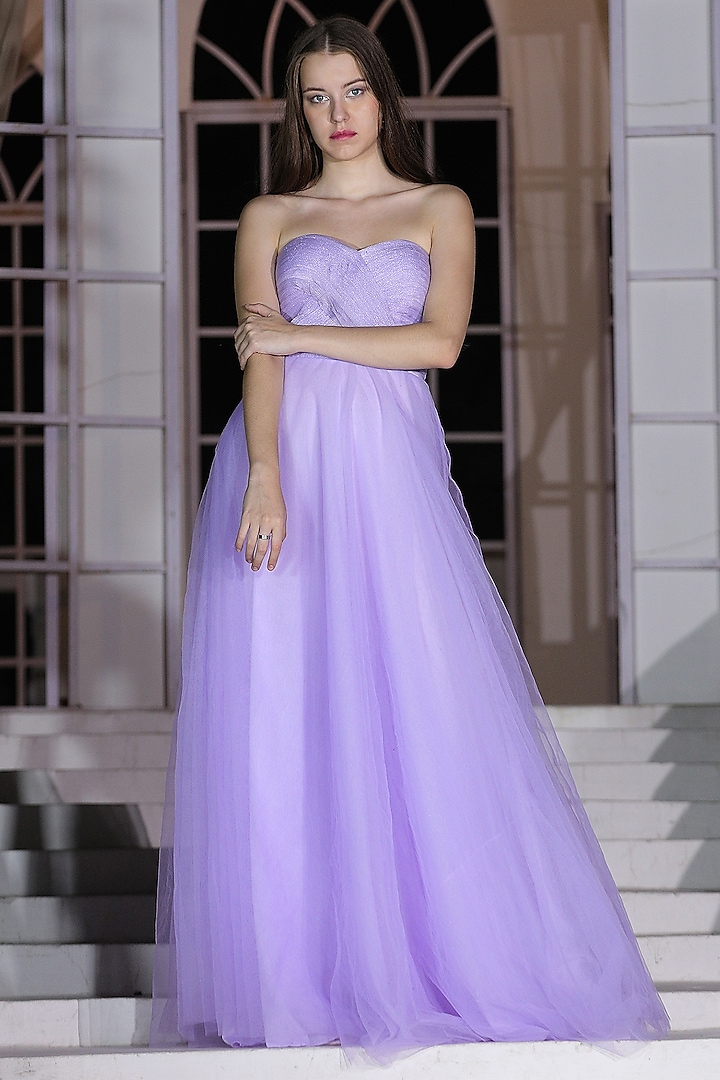 Lavender Net Off-Shoulder Flared Gown by Fibre World