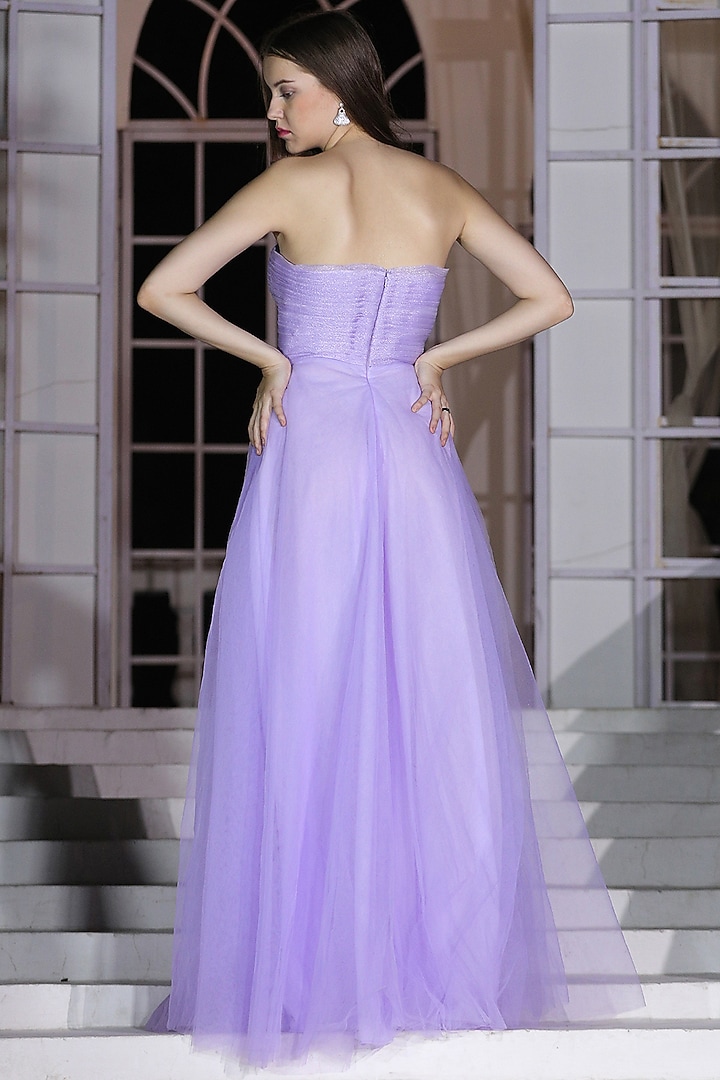 Lavender Net Off-Shoulder Flared Party Wear Gown by Fibre World at Pernia's Pop Up Shop