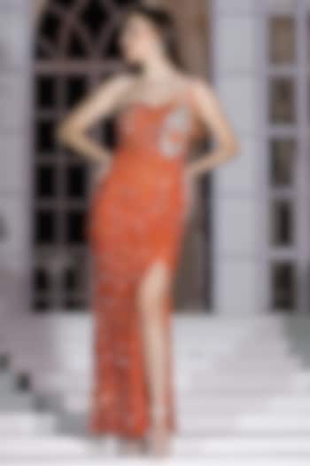 Orange Net Sequins Embroidered Strappy Gown by Fibre World