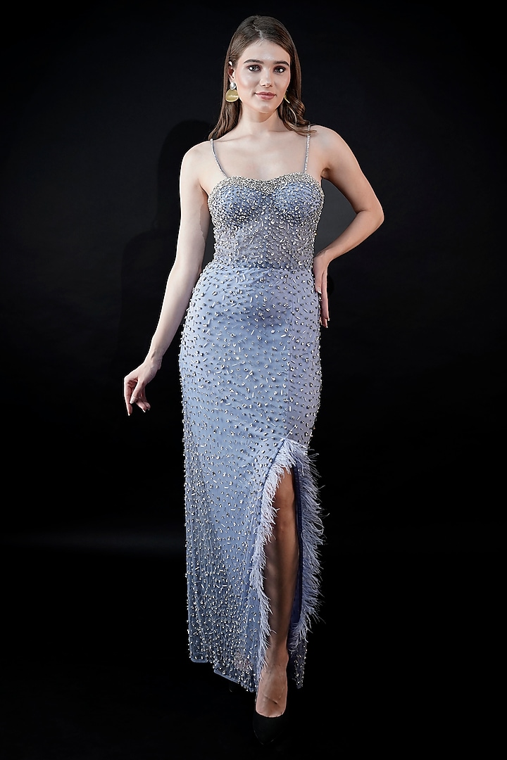 Powder Blue Viscose Tulle Embellished Gown by Fibre World at Pernia's Pop Up Shop