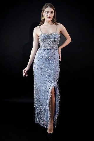 Powder Blue Viscose Tulle Embellished Gown by Fibre World
