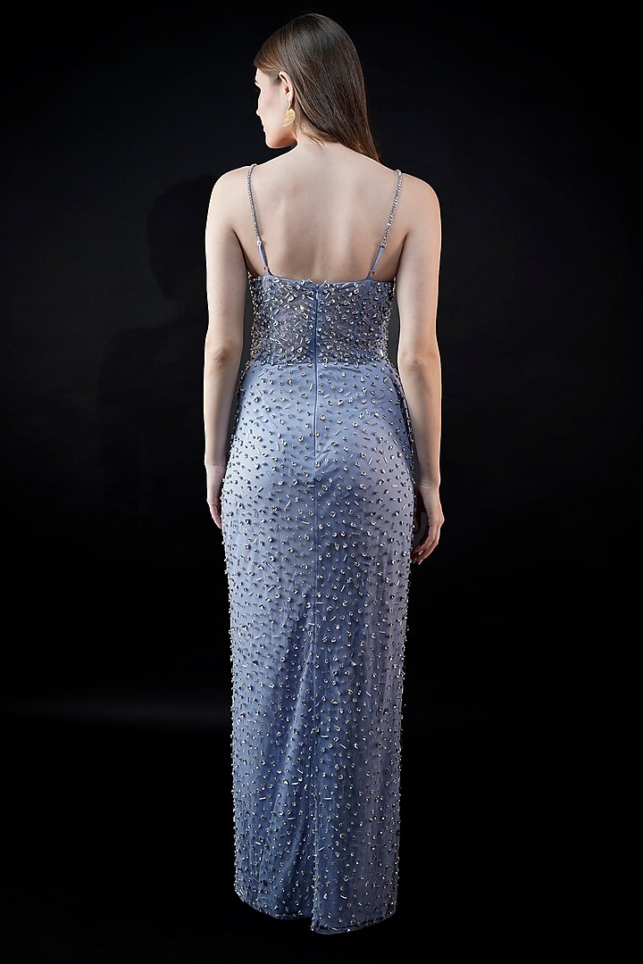 Powder Blue Viscose Tulle Embellished Engagement Gown by Fibre World at Pernia's Pop Up Shop