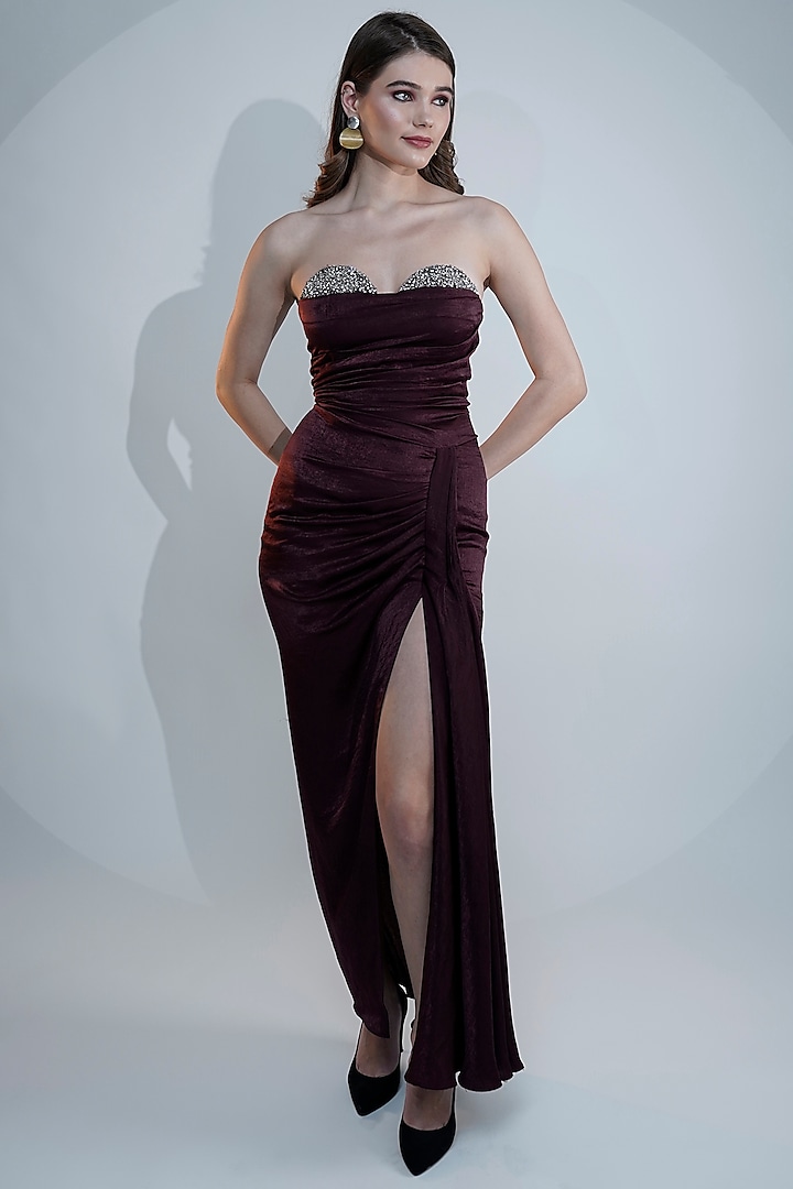 Maroon Satin Embroidered Off-Shoulder Gown by Fibre World at Pernia's Pop Up Shop