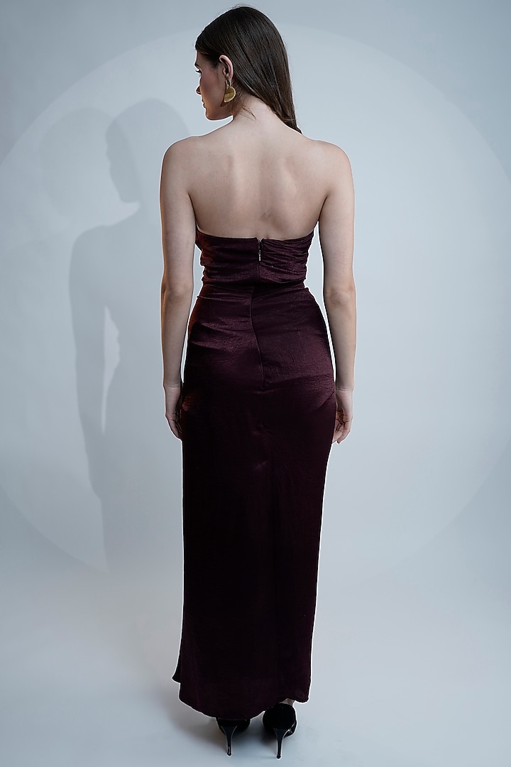 Maroon Satin Embroidered Off-Shoulder Engagement Gown by Fibre World at Pernia's Pop Up Shop