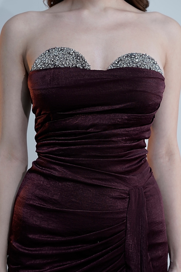 Maroon Satin Embroidered Off-Shoulder Engagement Gown by Fibre World at Pernia's Pop Up Shop