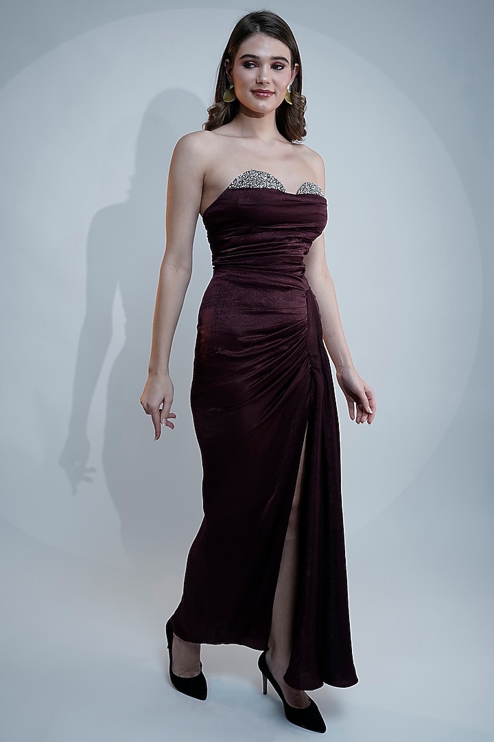 Maroon Satin Embroidered Off-Shoulder Engagement Gown by Fibre World at Pernia's Pop Up Shop