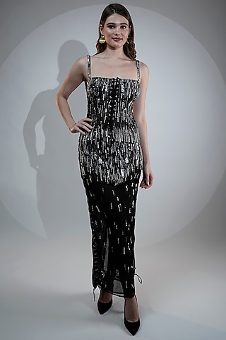 Black Viscose Tulle Sequins Embroidered Gown by Fibre World