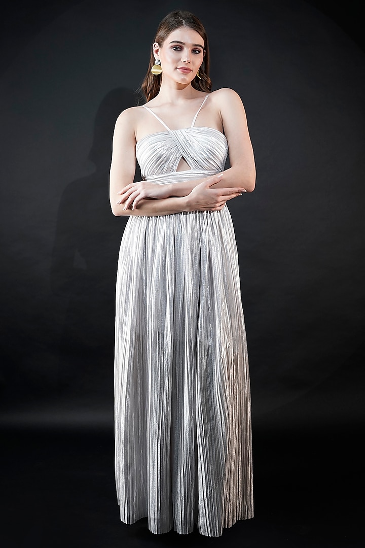 Silver Polyester Satin Gown by Fibre World at Pernia's Pop Up Shop