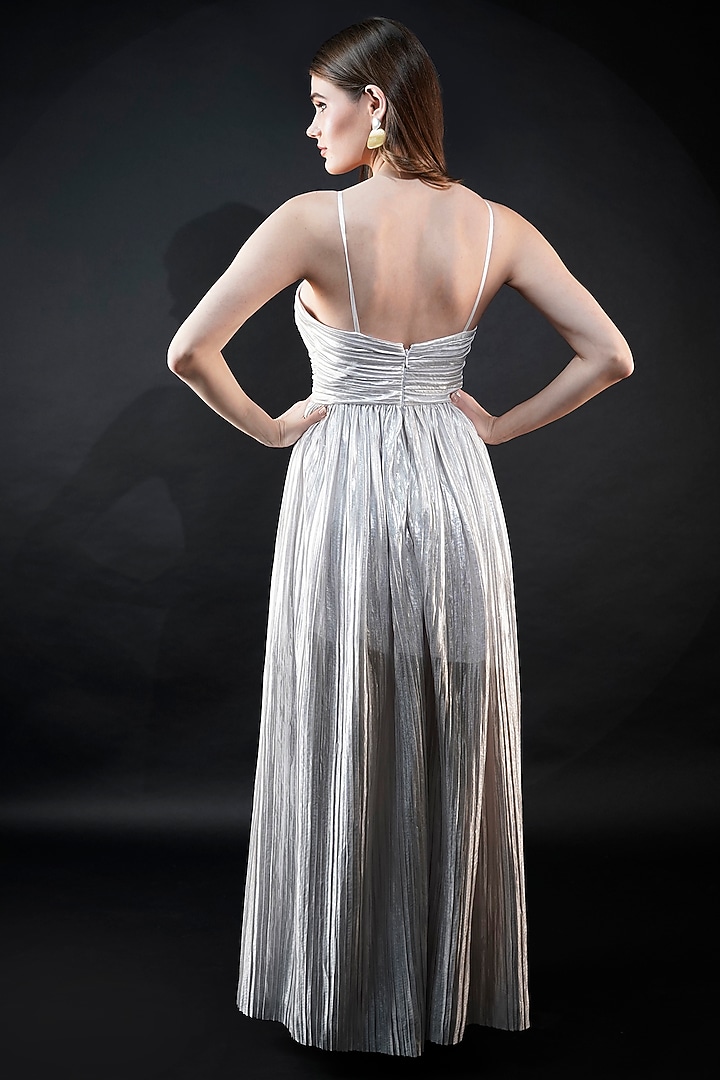 Silver Polyester Satin Party Wear Gown by Fibre World at Pernia's Pop Up Shop