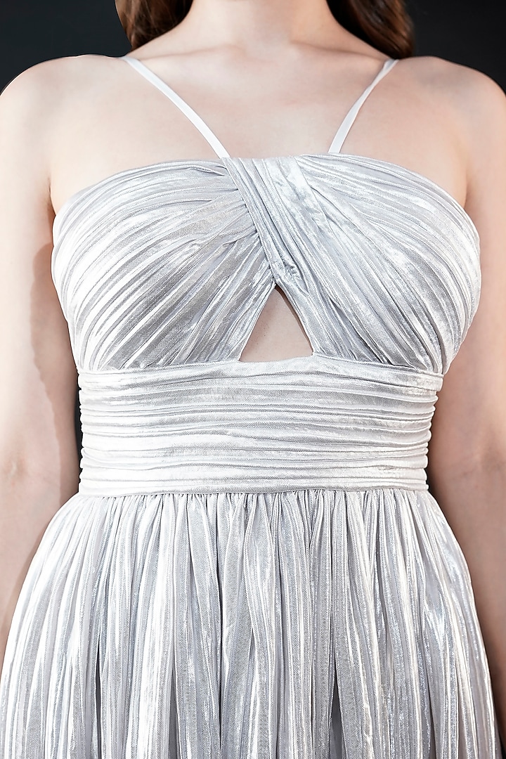 Silver Polyester Satin Party Wear Gown by Fibre World at Pernia's Pop Up Shop