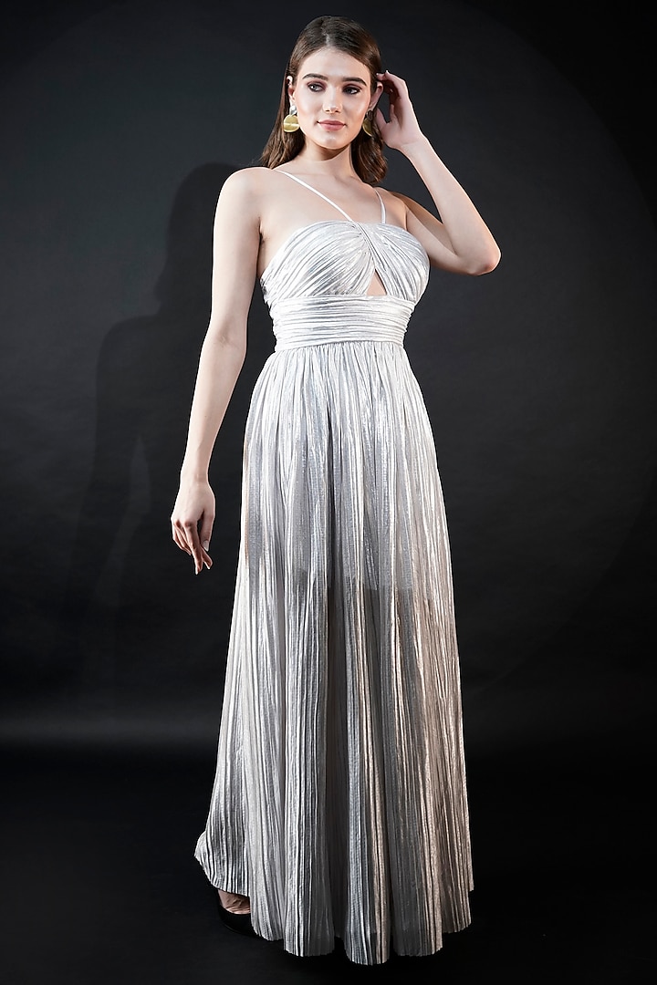Silver Polyester Satin Party Wear Gown by Fibre World at Pernia's Pop Up Shop