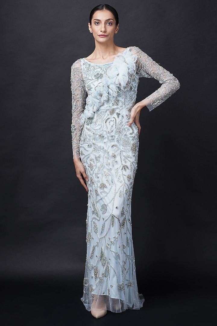 Baby Blue Viscose Sequins Embroidered Gown by Fibre World at Pernia's Pop Up Shop